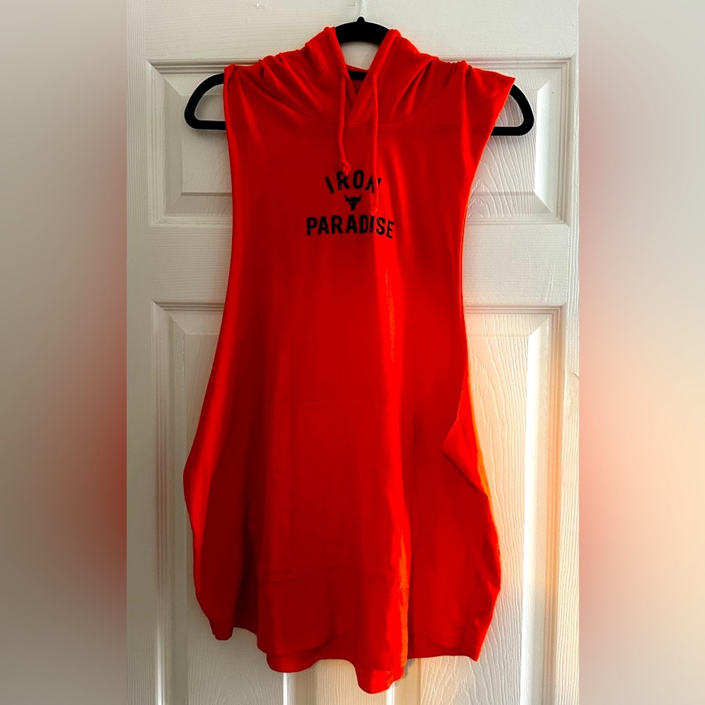 Orange, hooded Under Armour Iron Paradise Project Rock Cutoff Tank